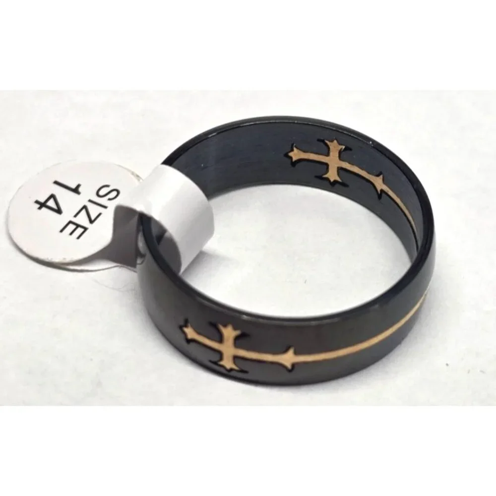 New Black Stainless Steel Ring Gold Tone Cross Inlay Size 14.5 Unisex Band Chris
